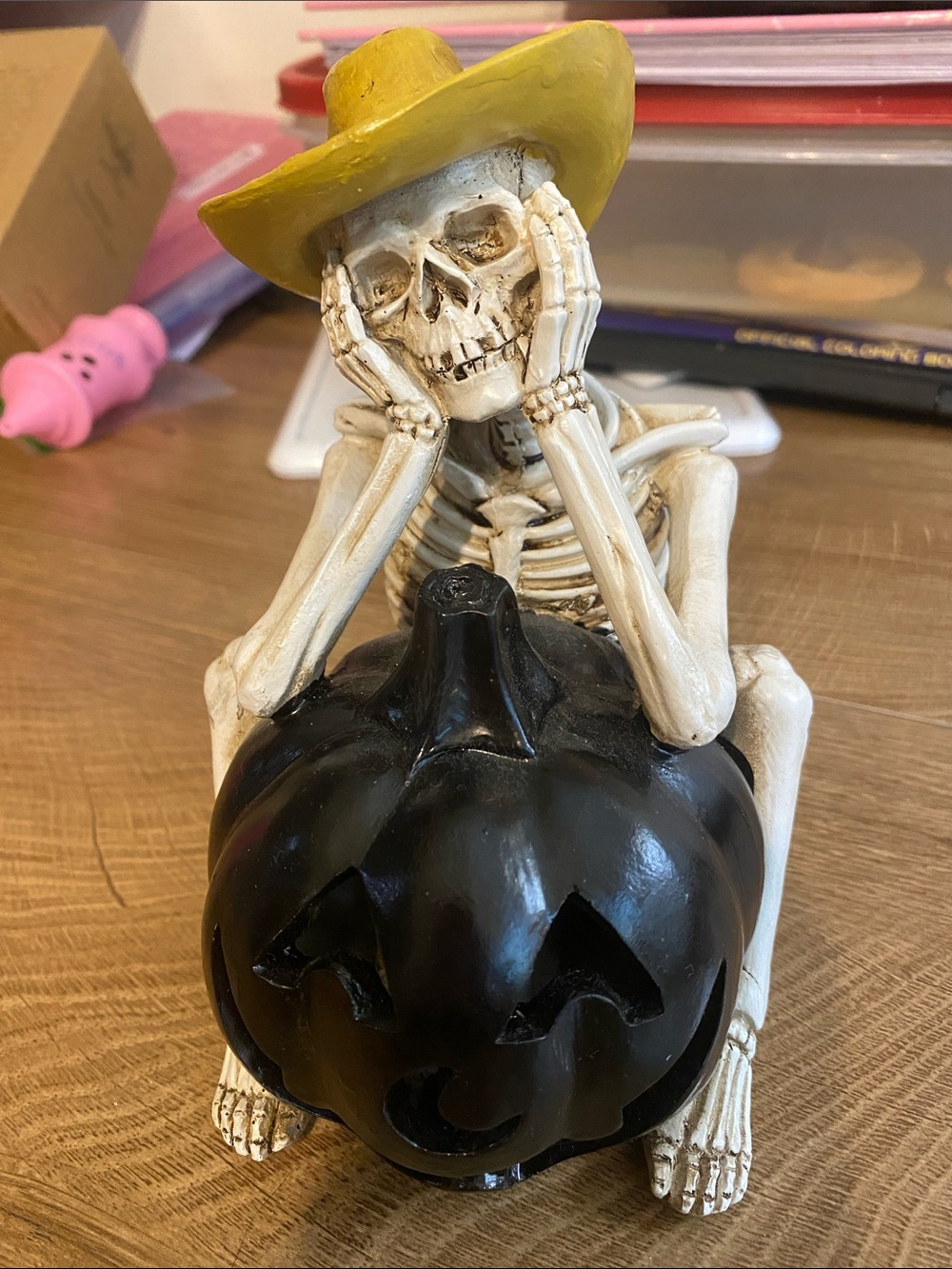 Yellow Hat Skeleton Figurine with Black Jack-O'-Lantern - Halloween Home Accent